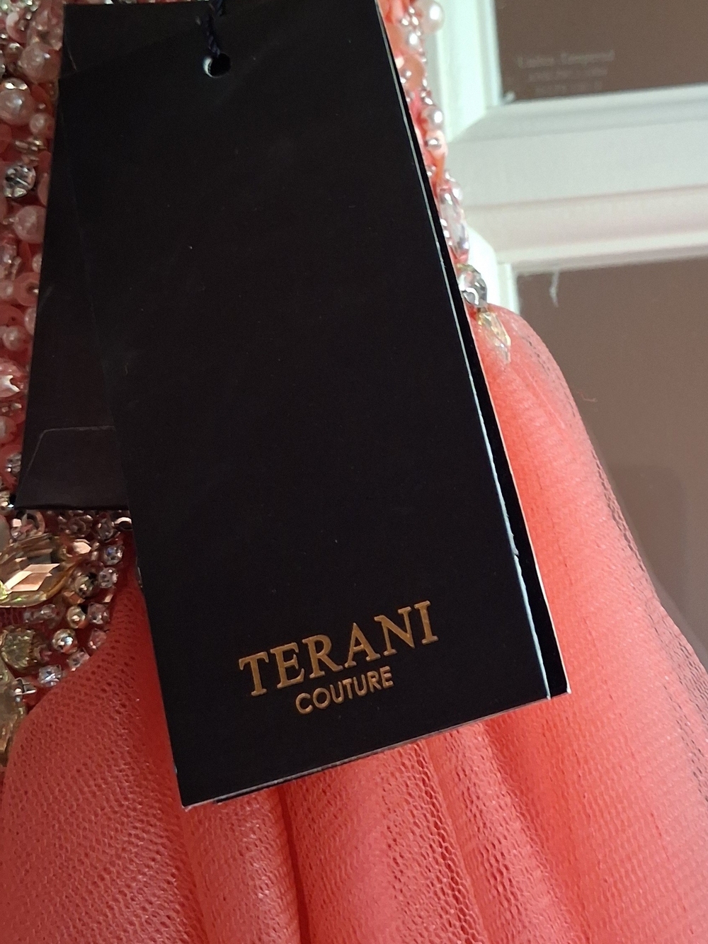 Terani Couture Coral Strapless Beaded Tulle Gown - Picture 4 of 5